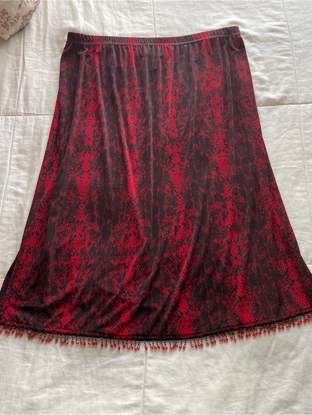 Vintage 90s Red Black Snake Print Beaded Fringe Midi Skirt Large Whimsigoth Vamp